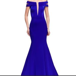 Blue La Femme Mermaid Off-Shoulder Backless Dress